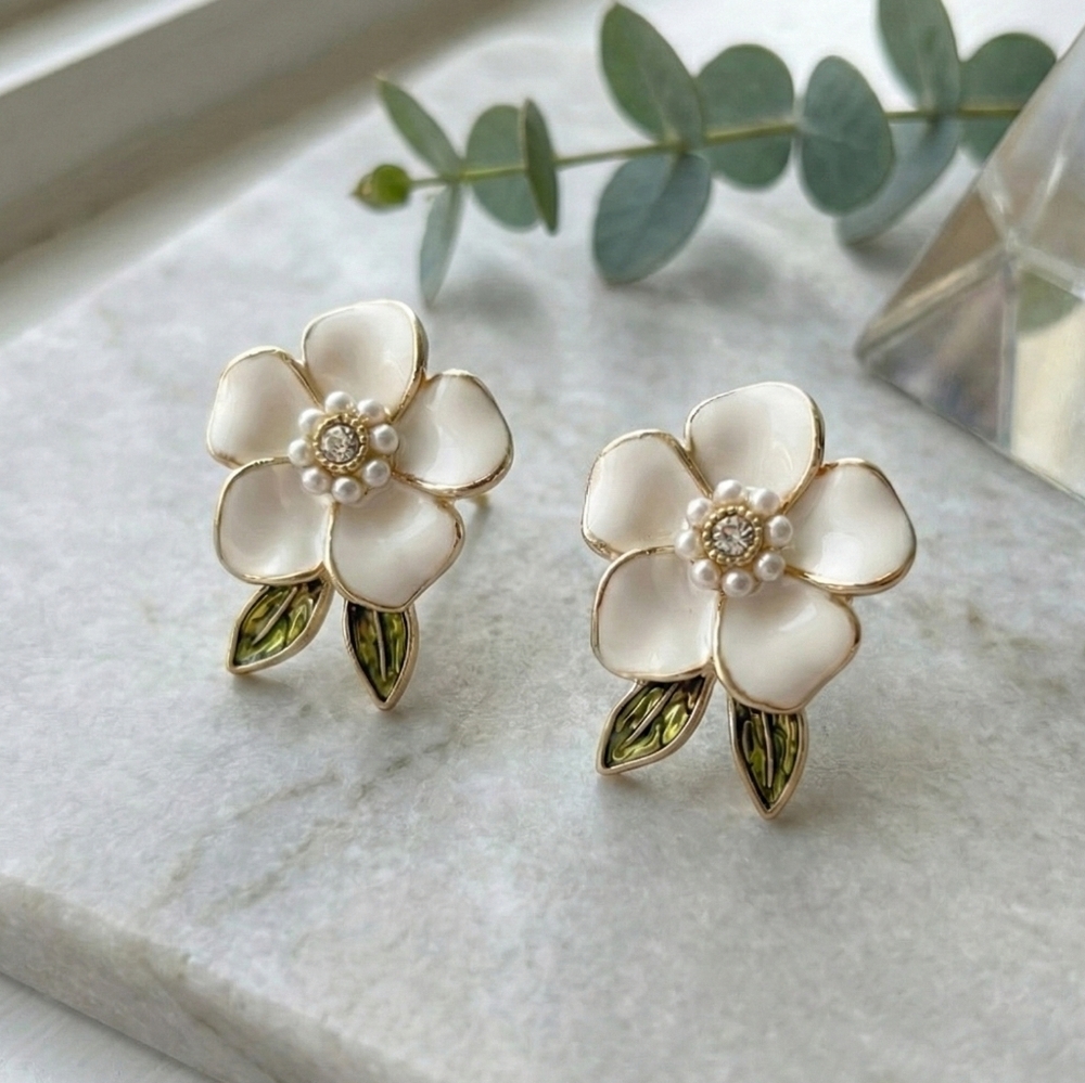White Enamel Flower Stud Earrings Gold Faux Pearl Rhinestone Green Leaf Bridal